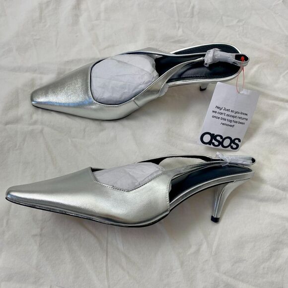 NWT ASOS DESIGN Model Shake Preppy Silver Slingback Kitten Heels US 8 - Picture 3 of 7
